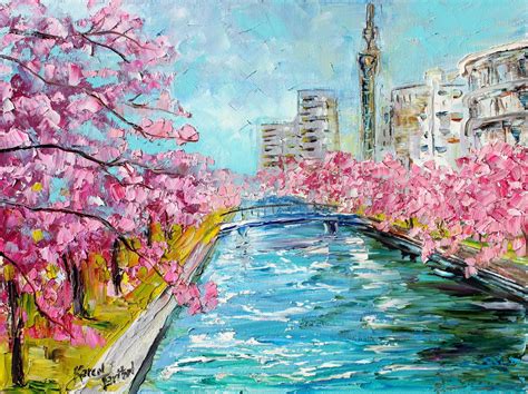 Japan Art Cherry Blossoms Print Tokyo River From Past