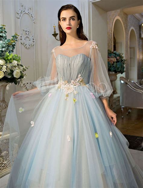 Princess Prom Dresses Luxury Long Sleeve Illusion Tulle Lace Flowers