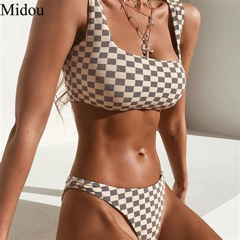 Midou 2019 New Sexy Grid Bikini Two Pieces Swimsuit Female Swimwear Women Bikini Set Brazilian