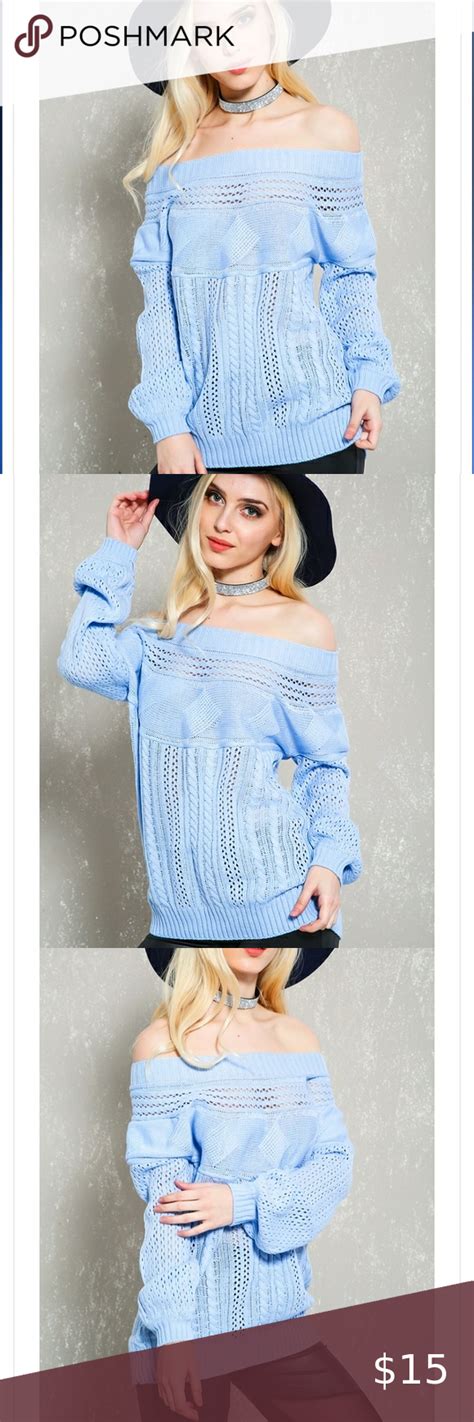 Blue Casual Hollow Out Cable Knit Off The Shoulder Sweater In 2023