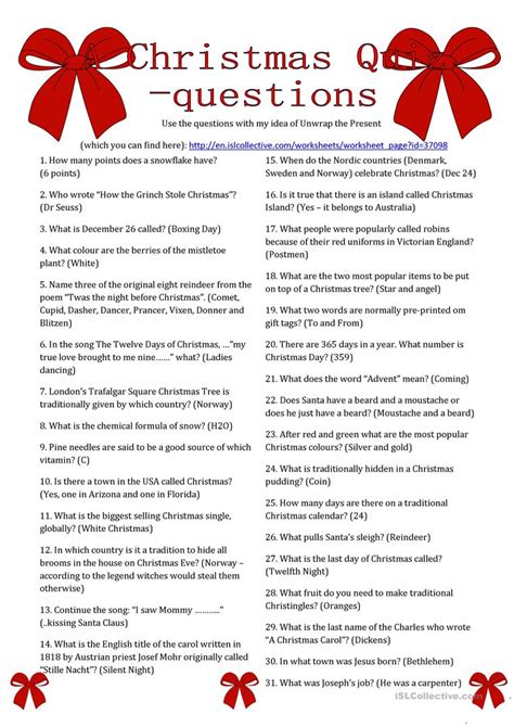 A Christmas Quiz Questions English Esl Worksheets For Distance