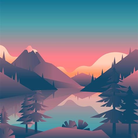 Mountain Lake Sunset Landscape First Person View Landscape Illustration Sunset Landscape