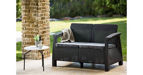 I love the small patio decor idea of using pillows instead of chairs to give the space a charming, relaxed what a great small patio space saver! Keter Corfu Love Seat All Weather Outdoor Patio Garden ...