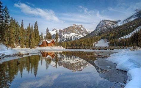 Nature Landscape Lake Cabin Winter Mountain Snow Reflection