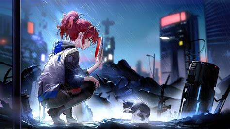 Anime Girl Cat Raining 4k 62610 Wallpaper
