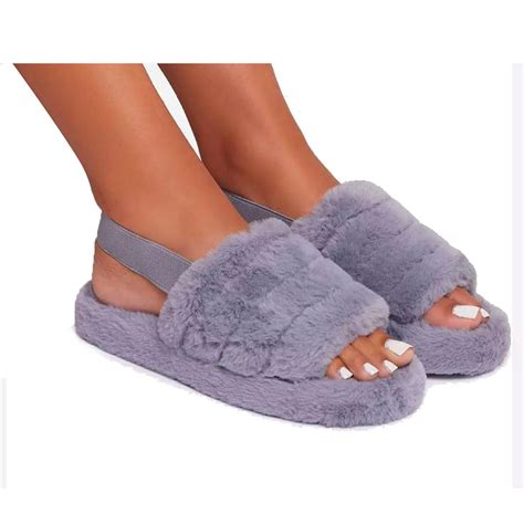 womens snugg warm fluffy faux fur slippers slides yeah sandals elastic strap uk ebay