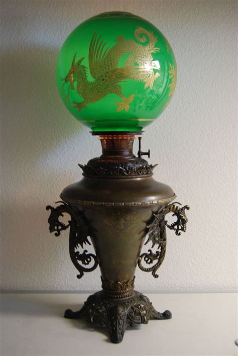 Antique Kerosene Oil Gwtw B H Chinese Dragon Emerald Green Victorian Parlor Lamp Ebay Antique