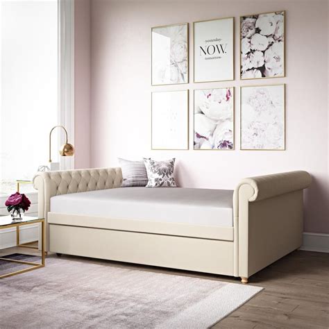 dhp sophia upholstered queen size daybed and full trundle in tan linen homesquare