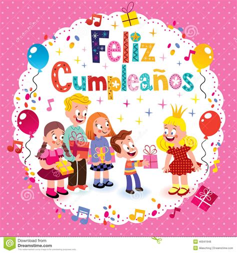 Feliz Cumpleanos Happy Birthday In Spanish Kids Card Stock Vector