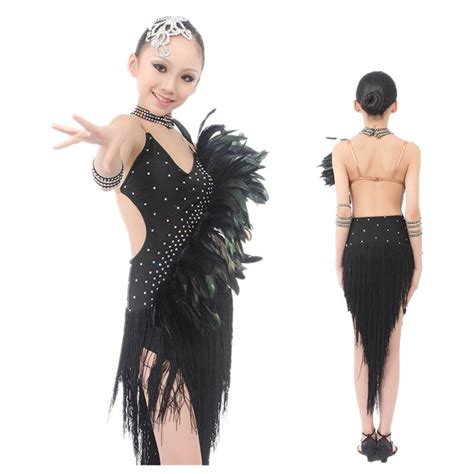 Amazing Design Girls Black Latin Dance Dress Wfeather Tassels Diamonds