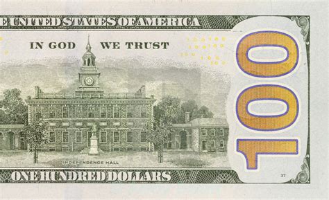 Back Right Half Of The Newly Designed Us Currency One Hundred Dollar