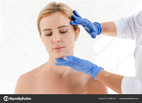Cropped View Dermatologist Examining Skin Patient Clinic — Stock Photo