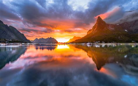 Summer Sunset Lake Mountain Boat Water Reflection Landscape Norway