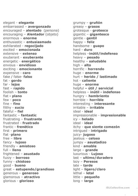 Adjectives In English And In Spanish Worksheet Free Esl Printable E