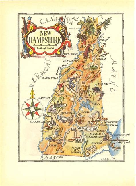 Illustrated Vintage Map Of New Hampshire 1946 United States Etsy
