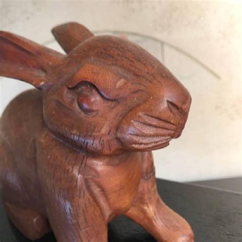 Japanese Big Tall Ears Rabbit Hand-Carved Wooden Sculpture with Fine 