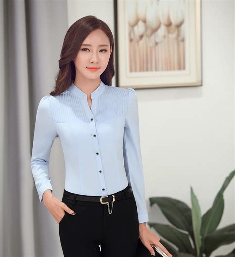 New 2015 Spring Fall Fashion Women Blouses And Shirts Light Blue Long Sleeve Slim Formal Office