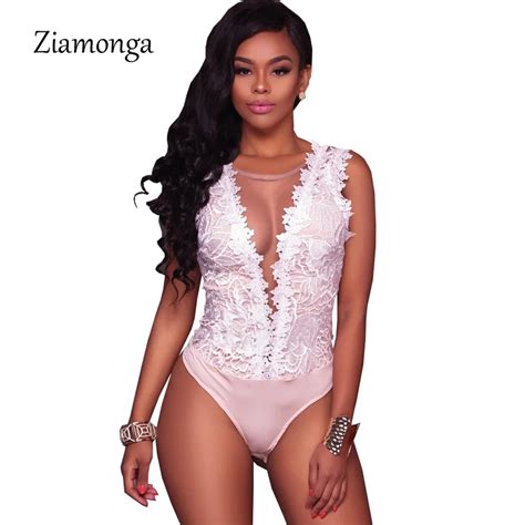 Ziamonga See Through Lace Women Bodysuit Sexy V Neck Women Bodysuit Romper Jumpsuit Sexy