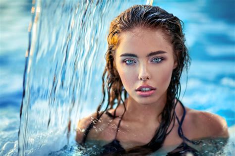 women wet hair portrait black bras water 1080p blue eyes water drops eyeshadow olga