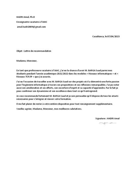 Lettre De Recommandation Pdf