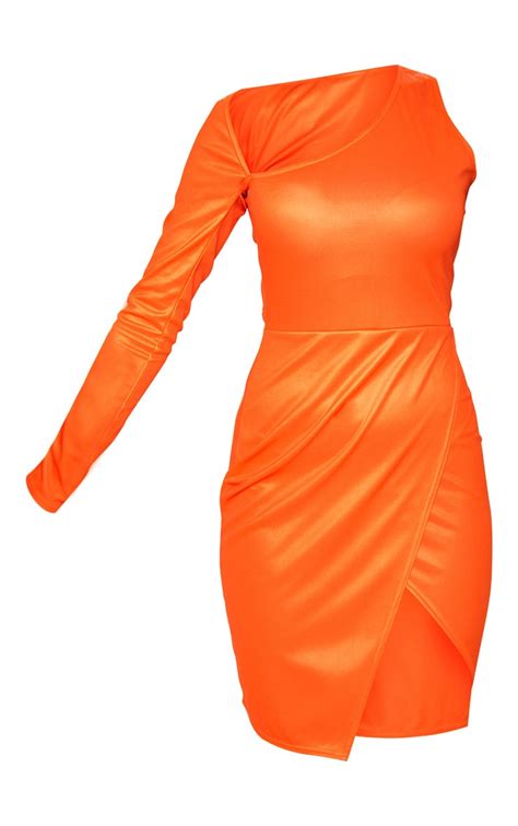 Bright Orange One Shoulder Asymmetric Bodycon Dress Prettylittlething Usa