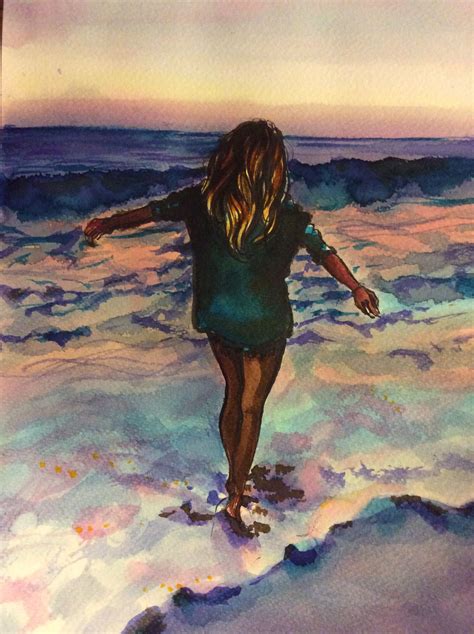 A Marker And Watercolor Drawing Of A Girl Walking By The Beach Near The