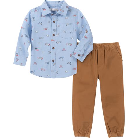 Toddler Boys 2pc Allover Design Long Sleeve Woven Shirt Pants Set