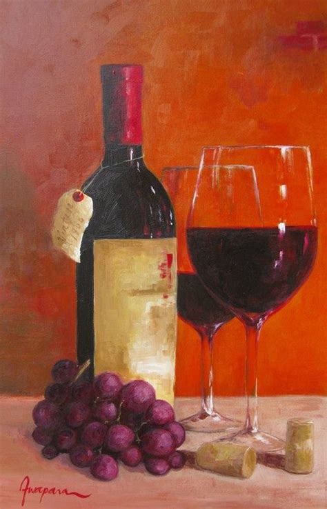 Art Canvas Acrylic Painting Wine Bottle Wine Glass By Pawapara Wine Painting Wine And