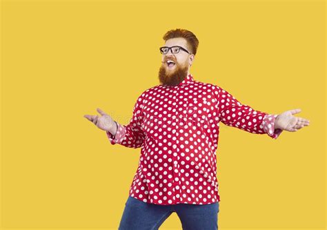 Funny Fat Man In Polka Dot Shirt And Glasses Looks Away With Happy