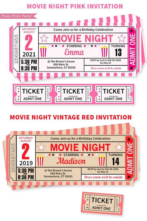 movie night invitations ticket invitation pink invitations movie party favors movie ticket