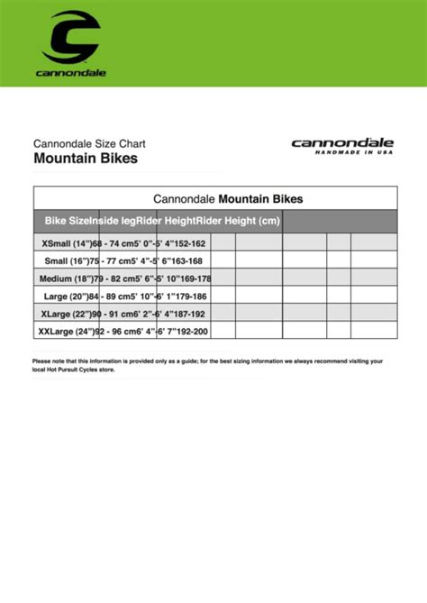 Cannondale Mountain Bikes Size Chart Printable Pdf Download