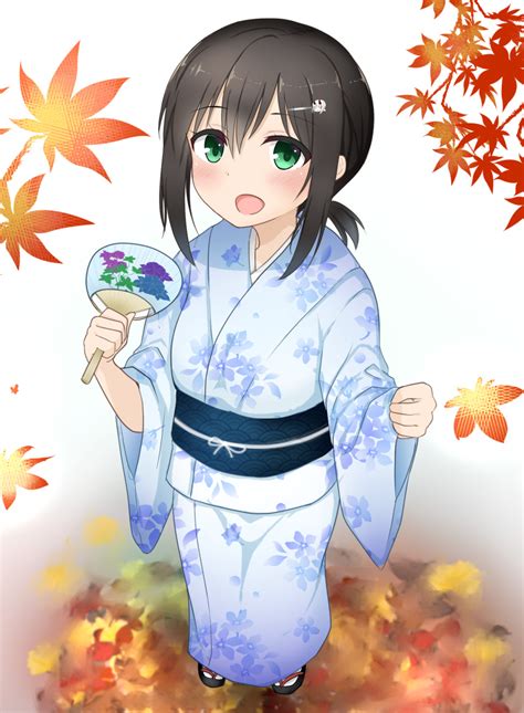 Safebooru 1girl Alternate Costume Autumn Leaves Black Hair Blue Kimono Commentary Request Fan
