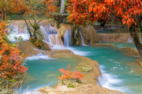Tad Sae Waterfall In Luang Prabang Stock Photo Containing Waterfall And Blue High Quality