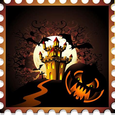 Halloween Pumpkin And Castle Stamp Stock Vector Illustration Of Full
