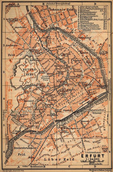 Restaurantes, hoteles, bares, cafeterías, bancos. Mapa de Érfurt, Alemania 1910 - mapa.owje.com