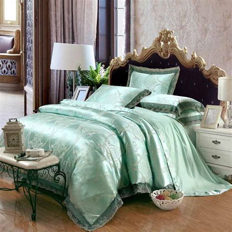 Green Jacquard Satin Home Textile Bedding Sets Luxury 4pcs Lace Duvet