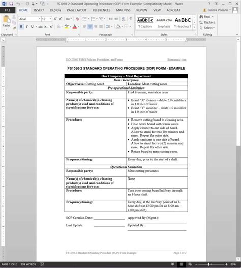 Fsms Standard Operating Procedure Sop Form Template