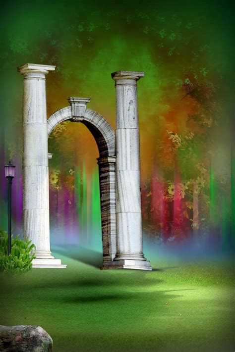 An Artistic Painting Of Two White Pillars In The Middle Of A Green