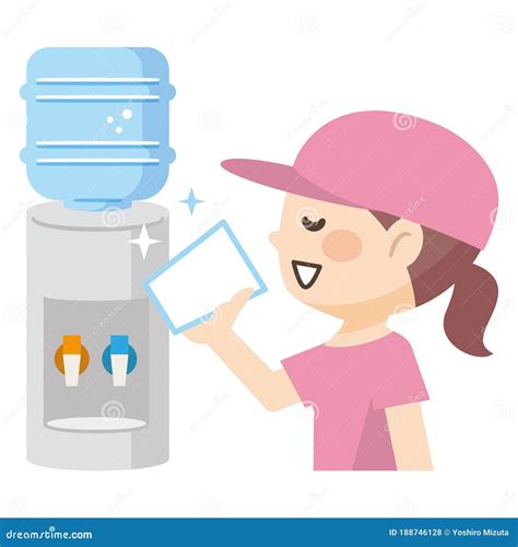 Young Woman Drinking Fresh Clean Water At The Cooler Vector