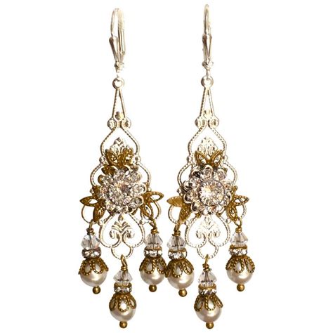 Vintage Filigree Two Tone Chandelier Bridal Earrings With Simulated