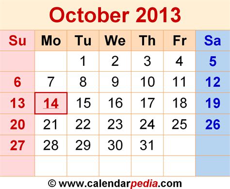 October 2013 Calendar Templates For Word Excel And Pdf