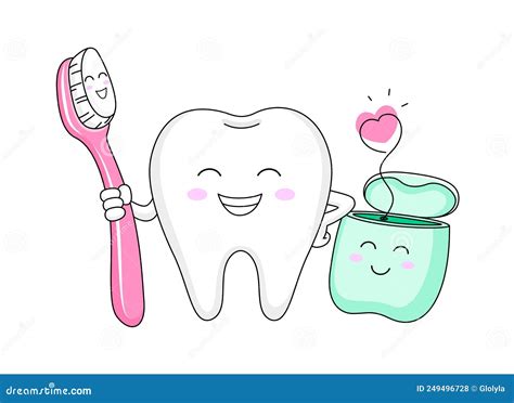 Cute Cartoon Tooth Character With Toothbrush And Dental Floss Stock Vector Illustration Of