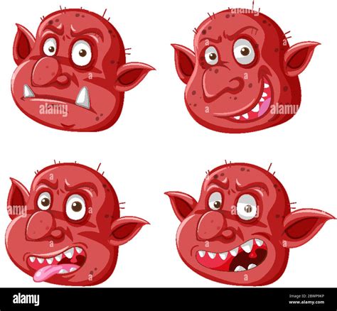 Set Of Red Goblin Or Troll Face In Different Expressions In Cartoon