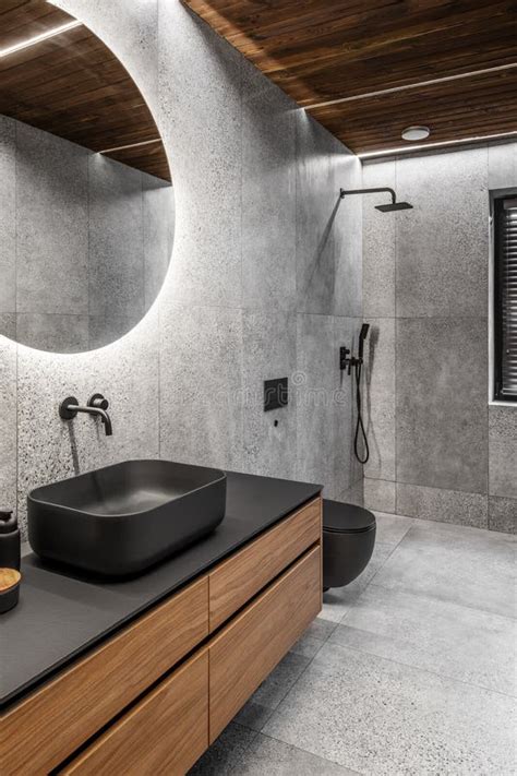 Modern Minimalist Bathroom Interior With Stone Grey Tiles Wooden