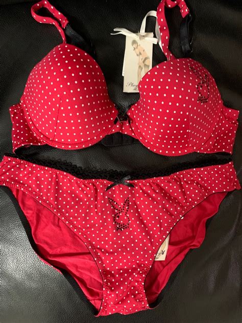 Playboy Lingerie Set In Red With White Polka Dots Size B75 Womens