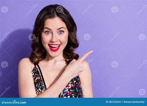 Photo Of Sweet Impressed Woman Dressed Sequins Overall Open Mouth Showing Empty Space Isolated