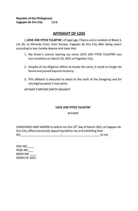 Affidavit Of Loss Tagalog