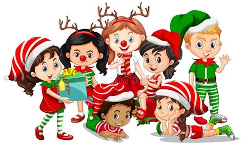 Children Wear Christmas Costume Cartoon Character On White Background