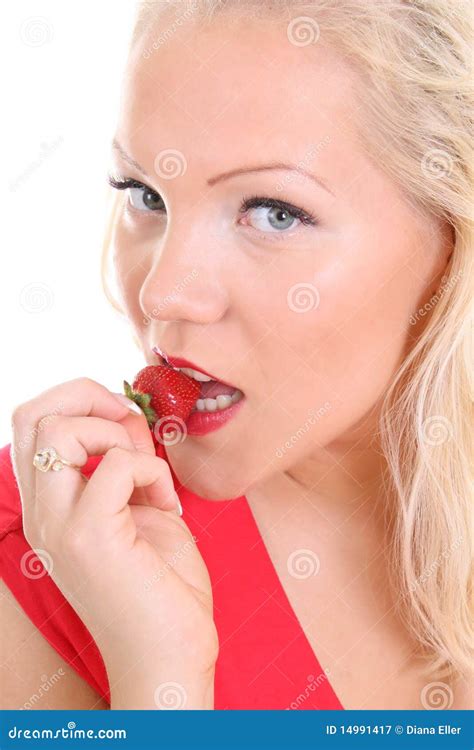 Blonde In Red Biting Strawberry Stock Image Image Of Cute Portrait