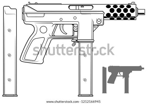 Graphic Black White Detailed Submachine Gun Stock Vector Royalty Free